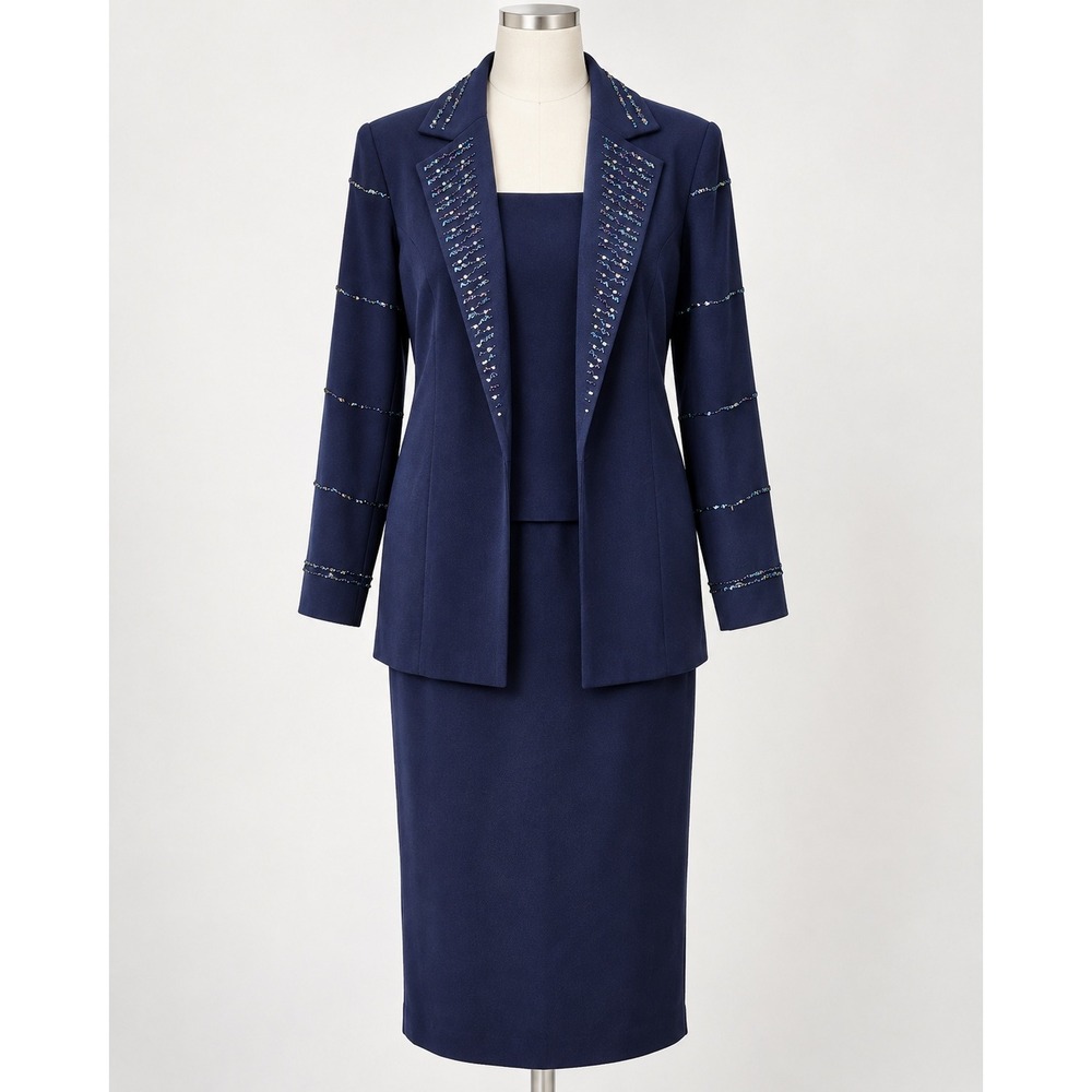 Fifth Sunday Exclusive Navy Blue Beaded Skirt Suit Set Blazer Maxi Skirt Size 8